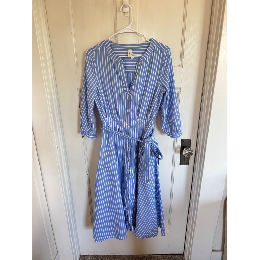 Pact blue striped organic cotton belted dress size small